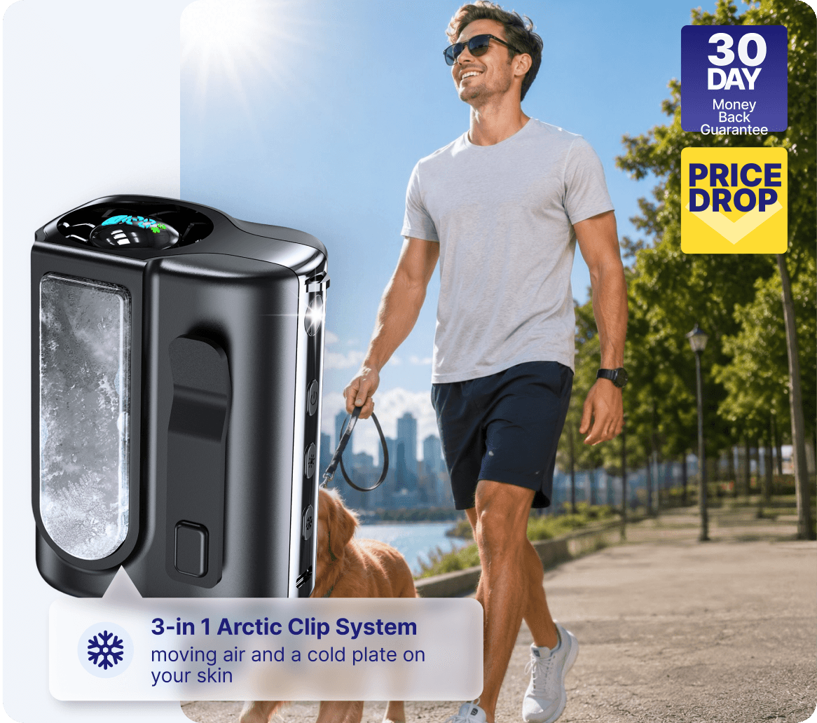 Man wearing the Arctic Clip personal cooler while walking outdoors with his dog