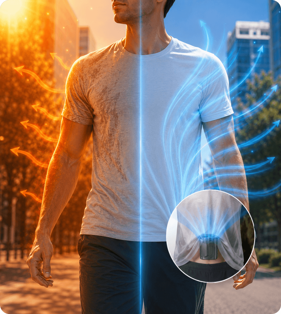 Man showing hot versus cool sides with Arctic Clip device inset