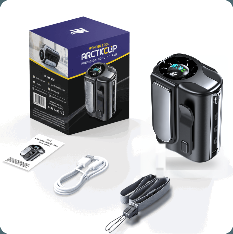 Arctic Clip device, packaging, USB-C cable, lanyard, and quick-start guide