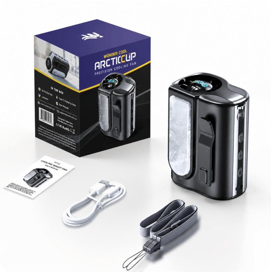 Arctic Clip device, packaging, USB-C cable, lanyard, and quick-start guide